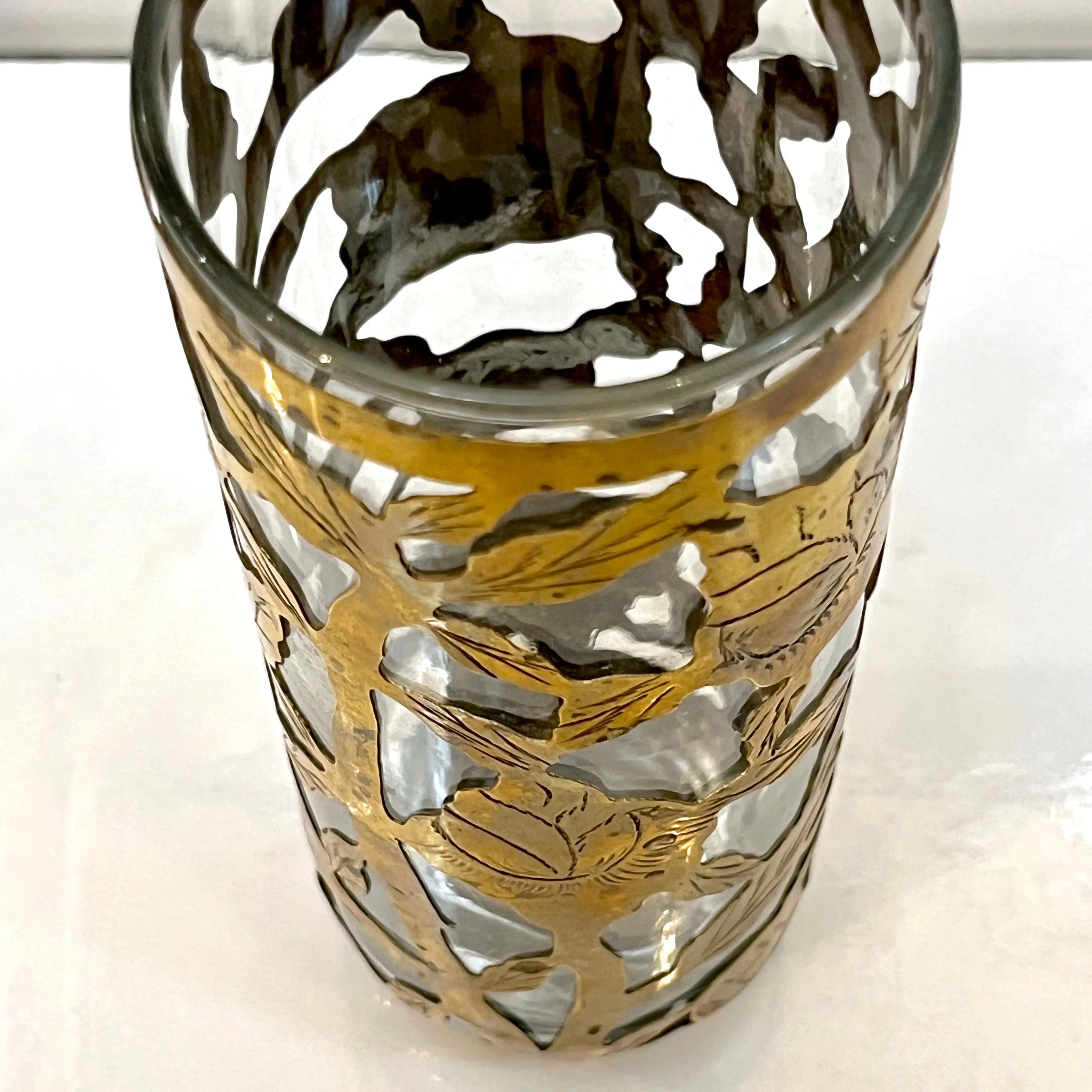 1960 Mexican Set 4 Drinking Glasses Encased in Etched Cutwork Floral Brass Decor