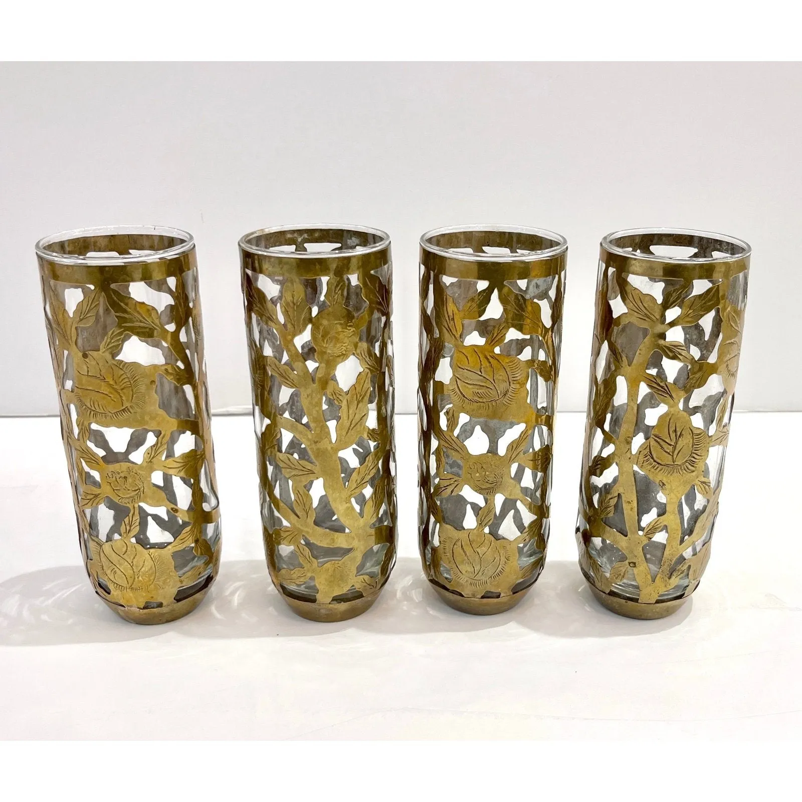 1960 Mexican Set 4 Drinking Glasses Encased in Etched Cutwork Floral Brass Decor