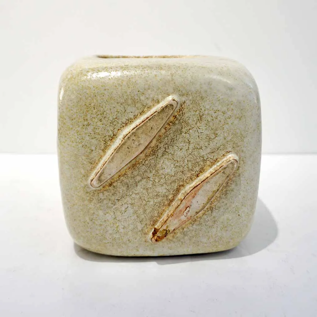 1960s Bertoncello Italian Vintage Ceramic Abstract Sculpture Beige Cubic Vase