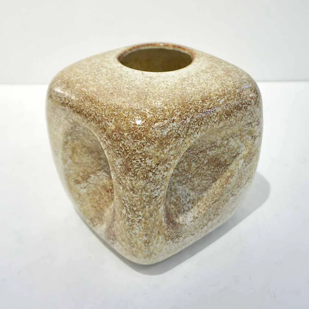 1960s Bertoncello Italian Vintage Ceramic Abstract Sculpture Beige Cubic Vase