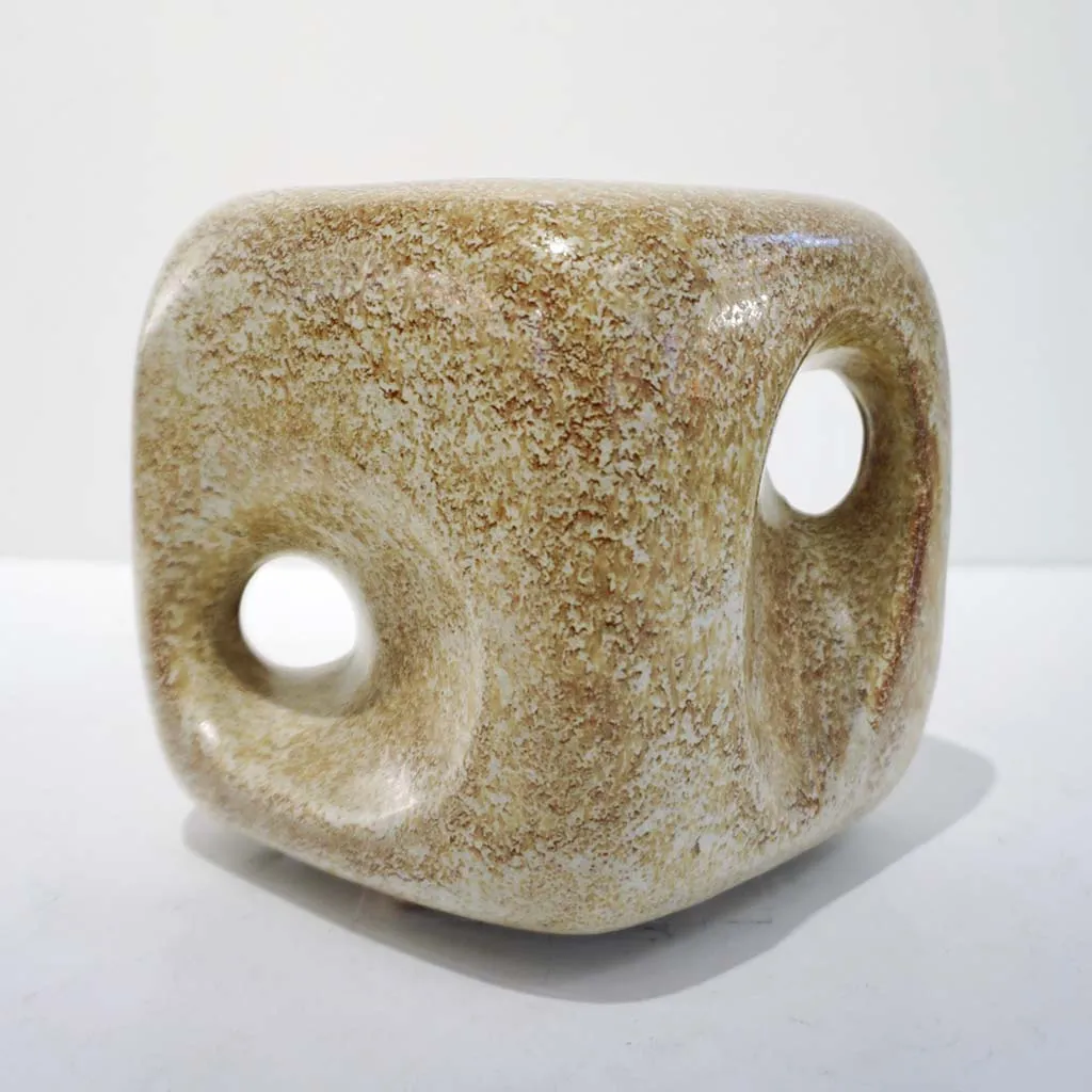 1960s Bertoncello Italian Vintage Ceramic Abstract Sculpture Beige Cubic Vase