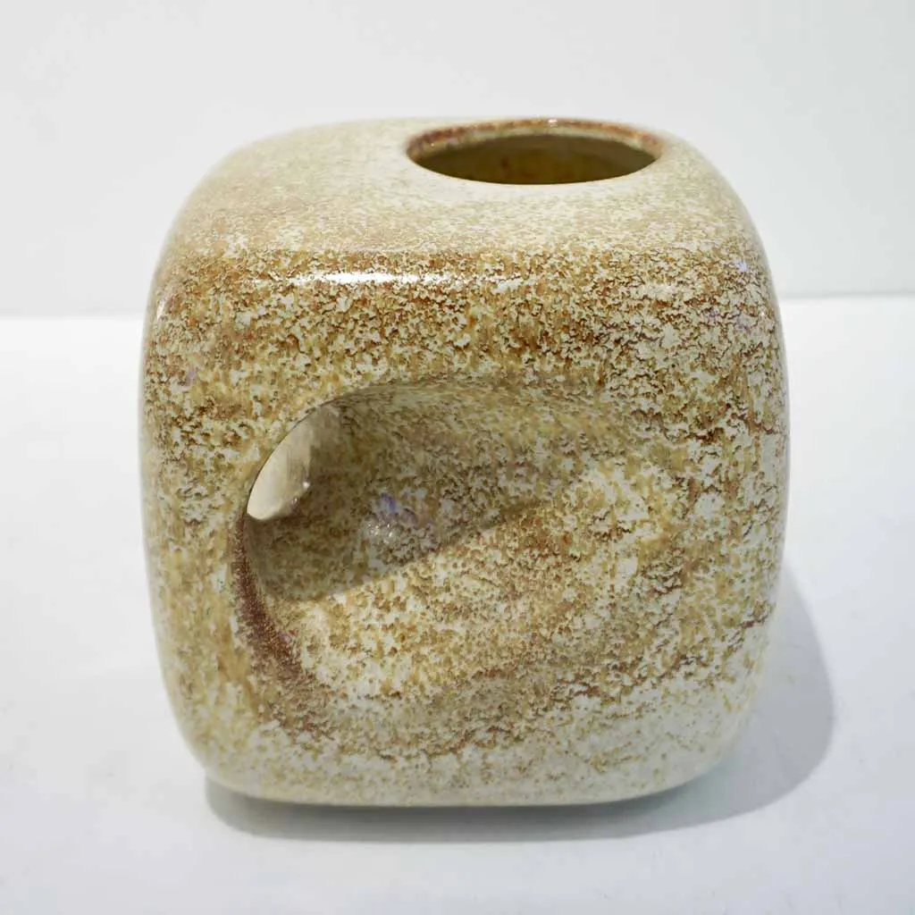 1960s Bertoncello Italian Vintage Ceramic Abstract Sculpture Beige Cubic Vase