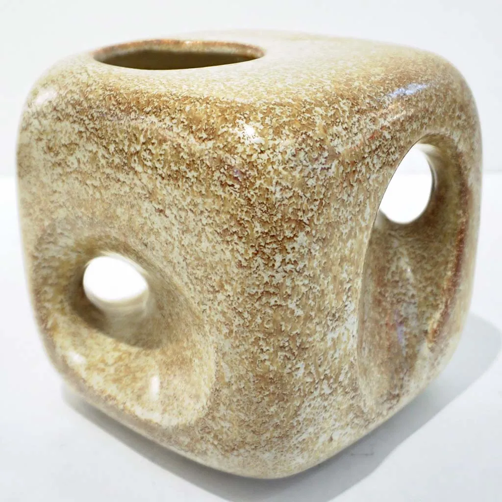 1960s Bertoncello Italian Vintage Ceramic Abstract Sculpture Beige Cubic Vase 
