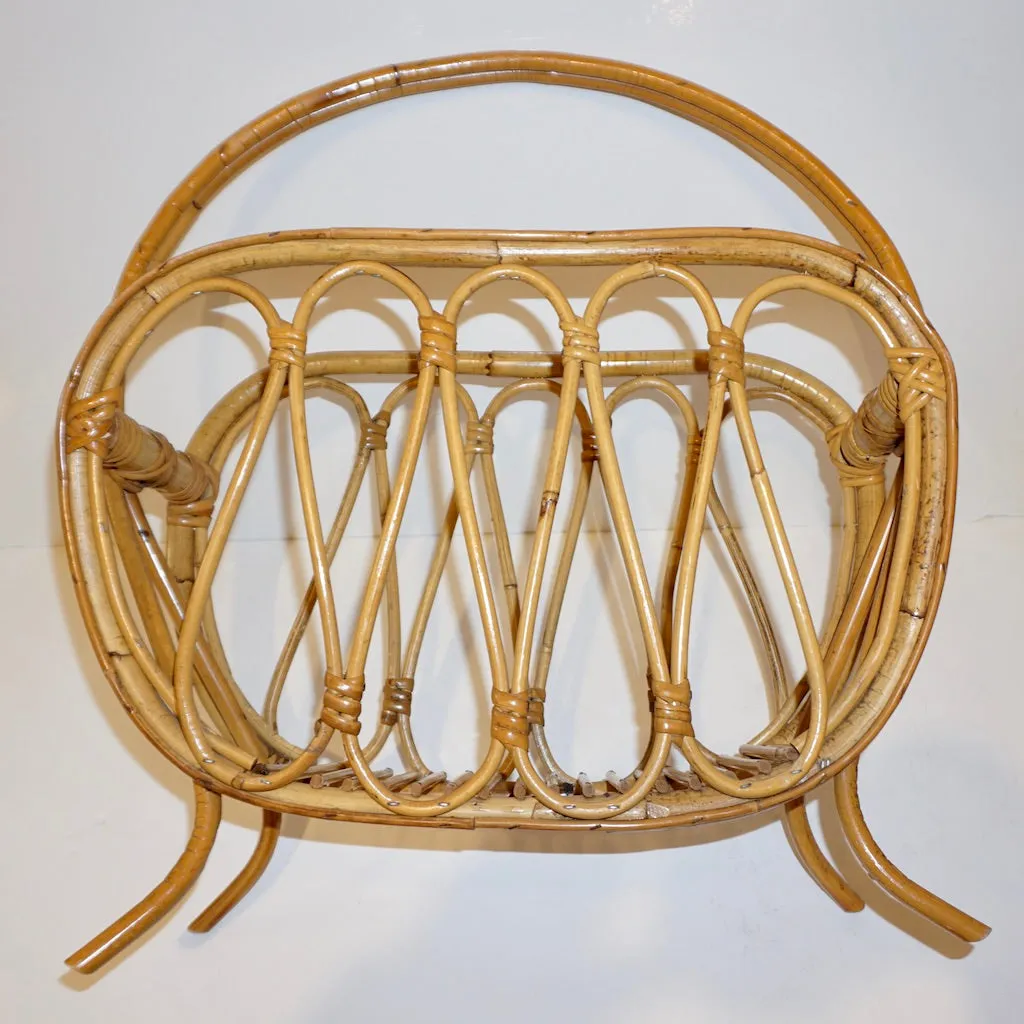 1960s Italian Vintage Mid-Century Modern Natural Rattan Wicker Magazine Holder