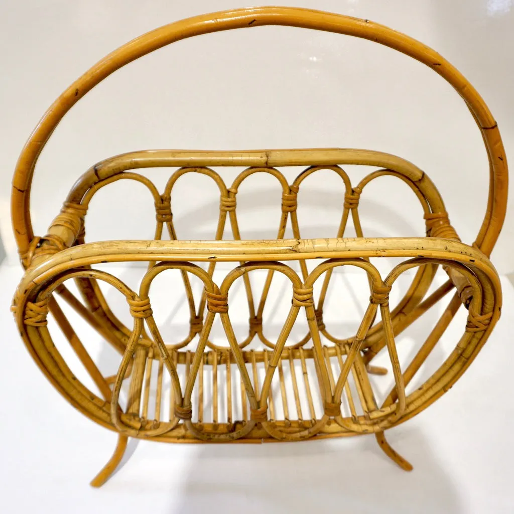 1960s Italian Vintage Mid-Century Modern Natural Rattan Wicker Magazine Holder