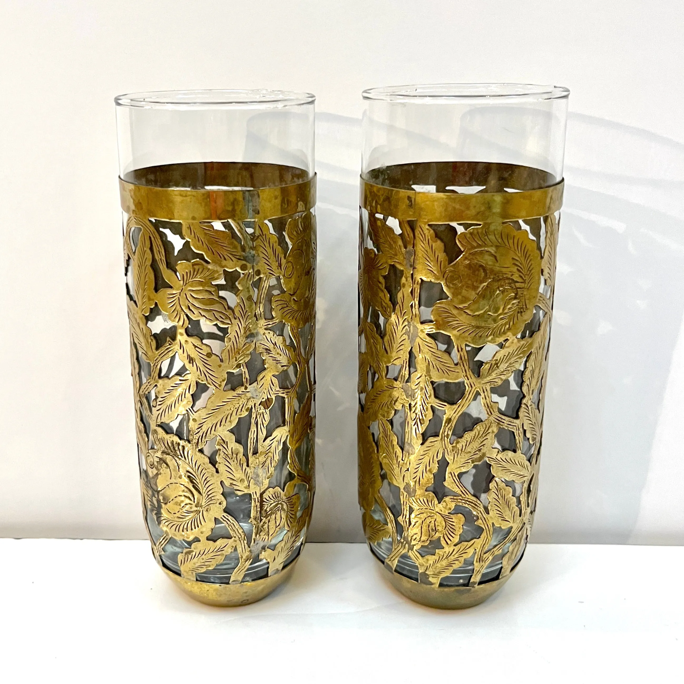 1960s Mexican Pair Drinking Glasses Encased in Etched Cutwork Floral Brass Decor