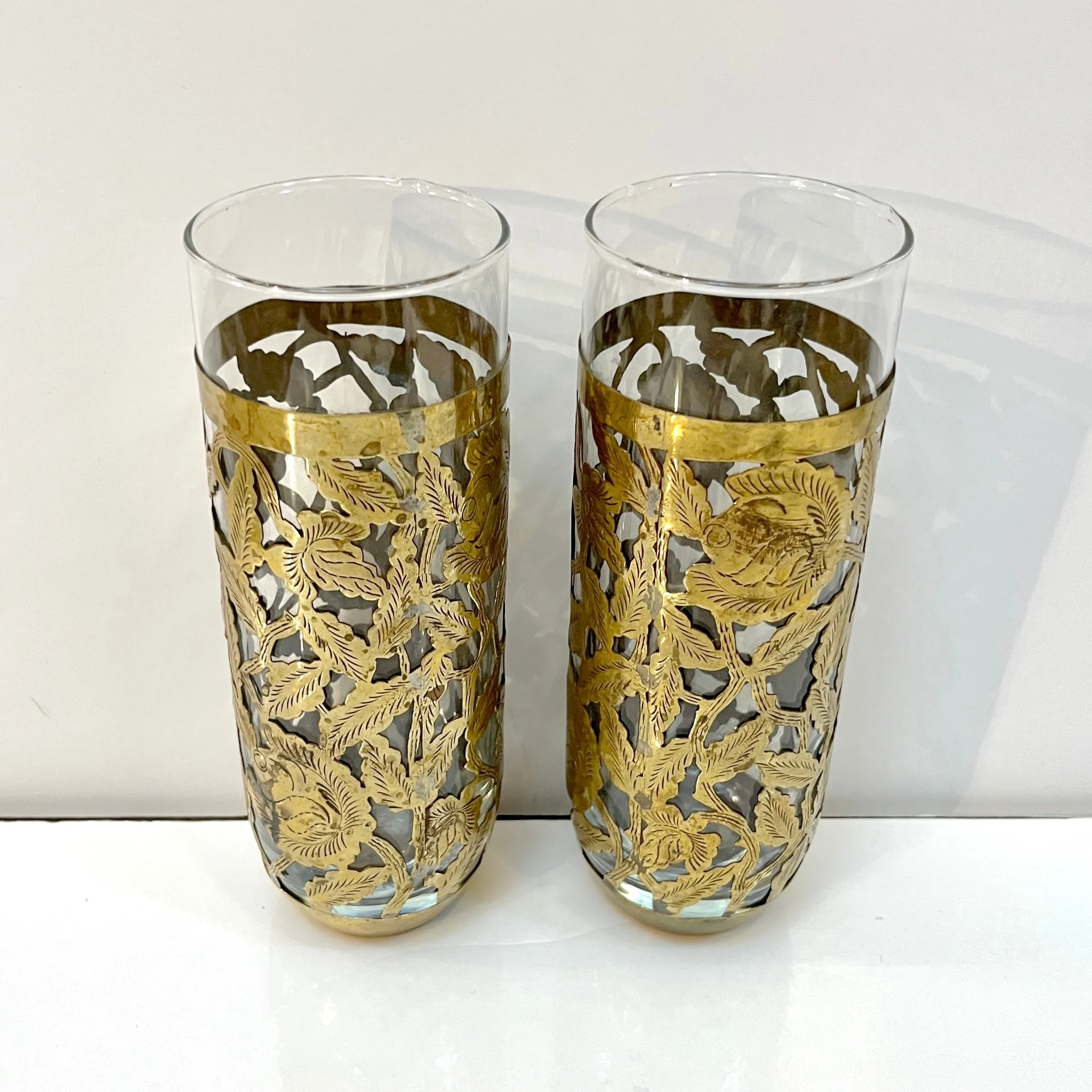 1960s Mexican Pair Drinking Glasses Encased in Etched Cutwork Floral Brass Decor