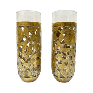 1960s Mexican Pair Drinking Glasses Encased in Etched Cutwork Floral Brass Decor 