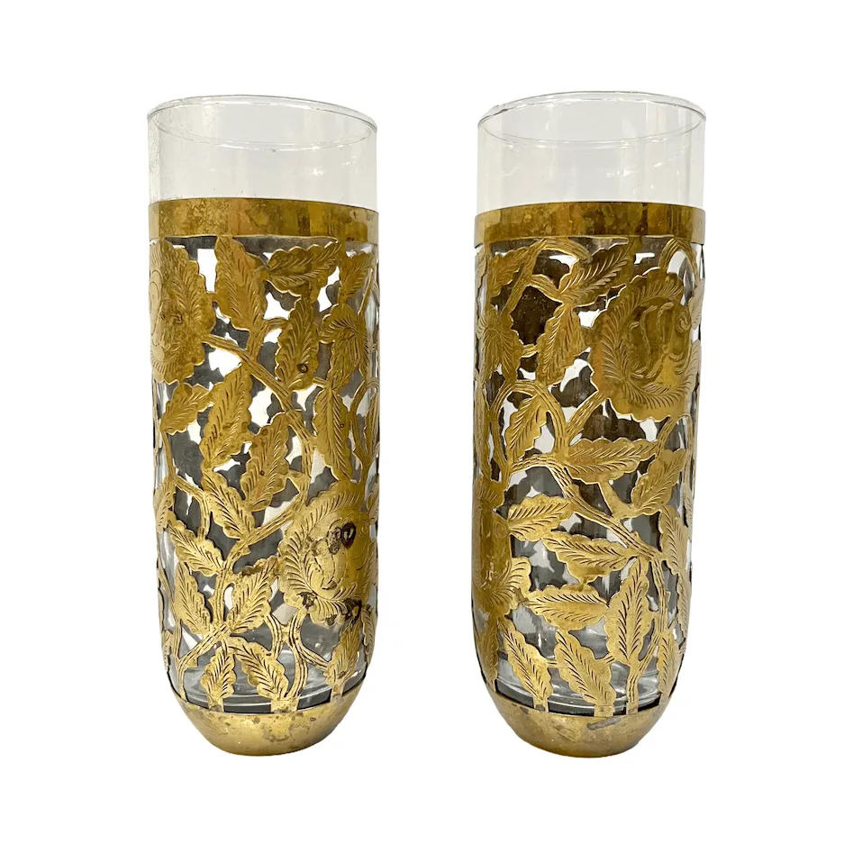 1960s Mexican Pair Drinking Glasses Encased in Etched Cutwork Floral Brass Decor 