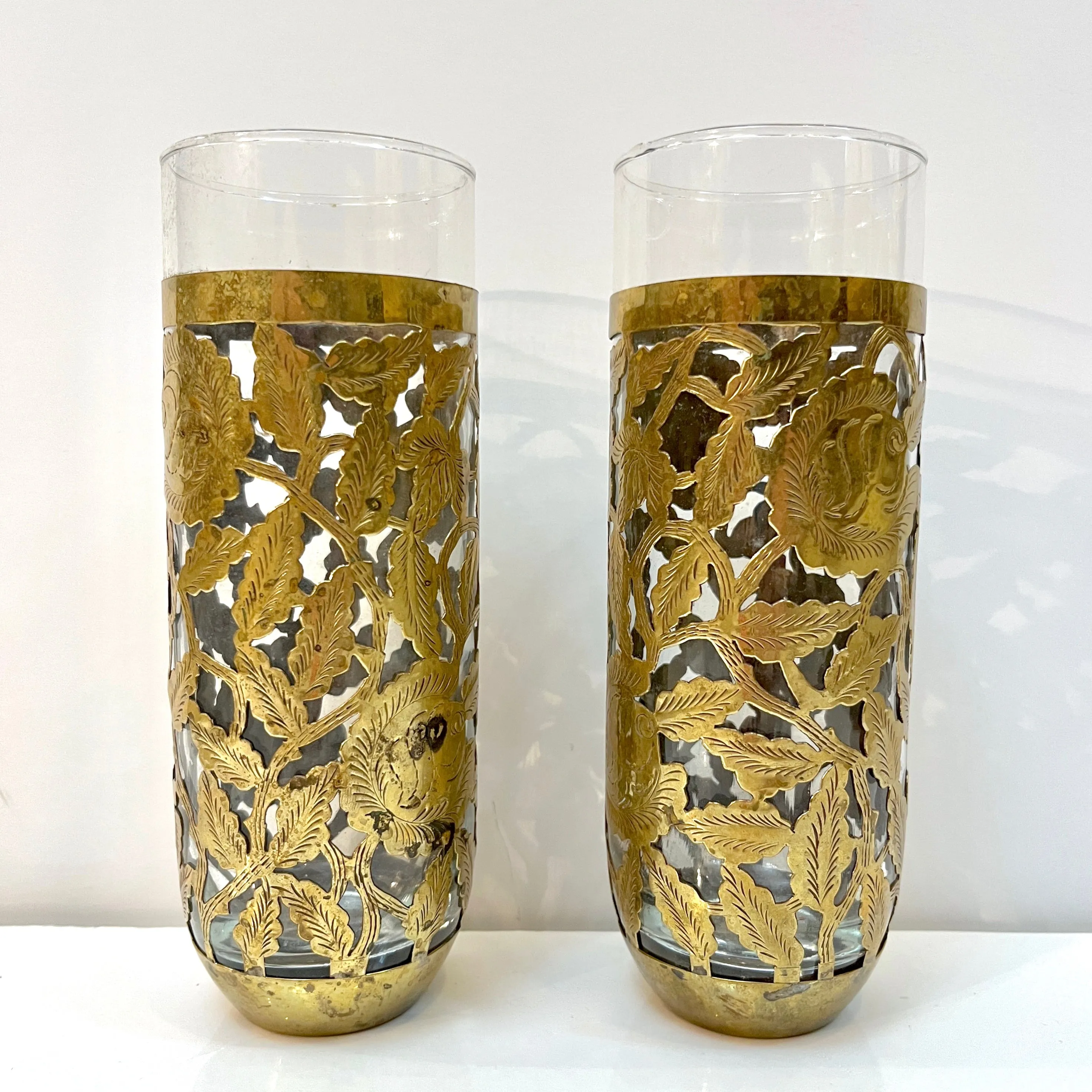 1960s Mexican Pair Drinking Glasses Encased in Etched Cutwork Floral Brass Decor