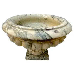 1960s Neoclassical Italian Carved Beige Marble Tazza Bowl with Green Pink Veins 