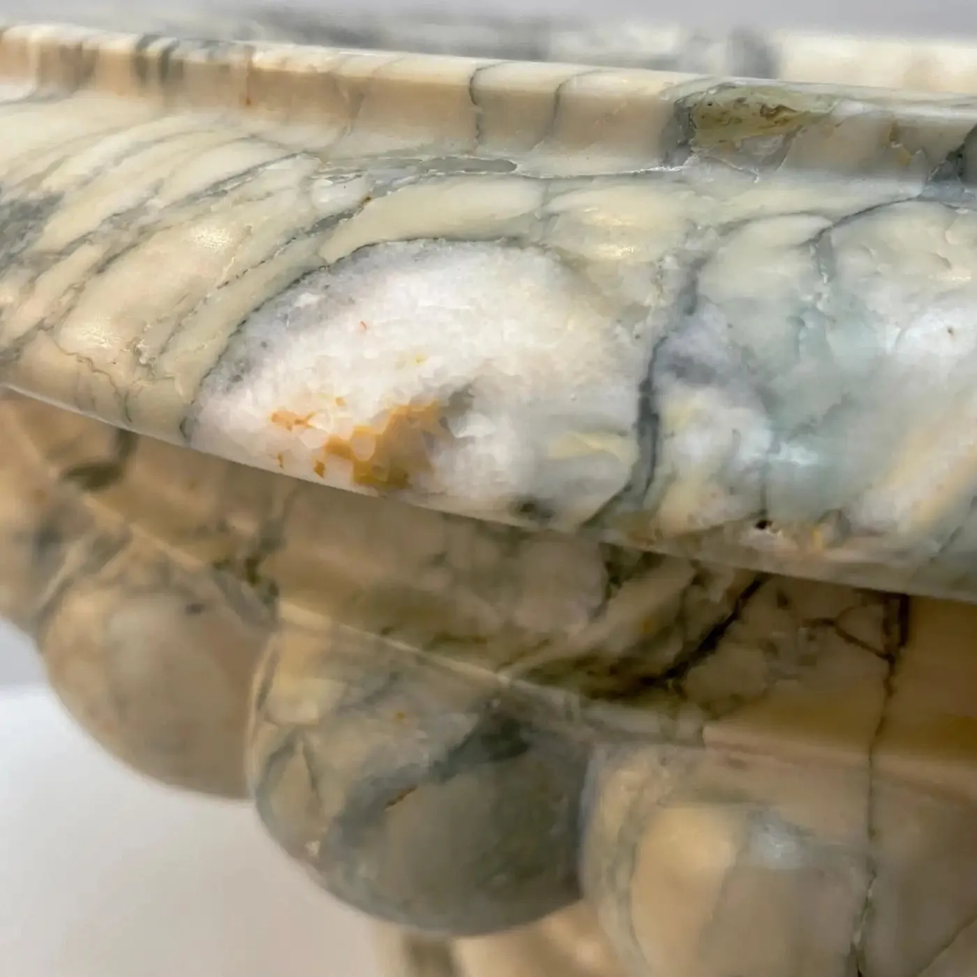 1960s Neoclassical Italian Carved Beige Marble Tazza Bowl with Green Pink Veins