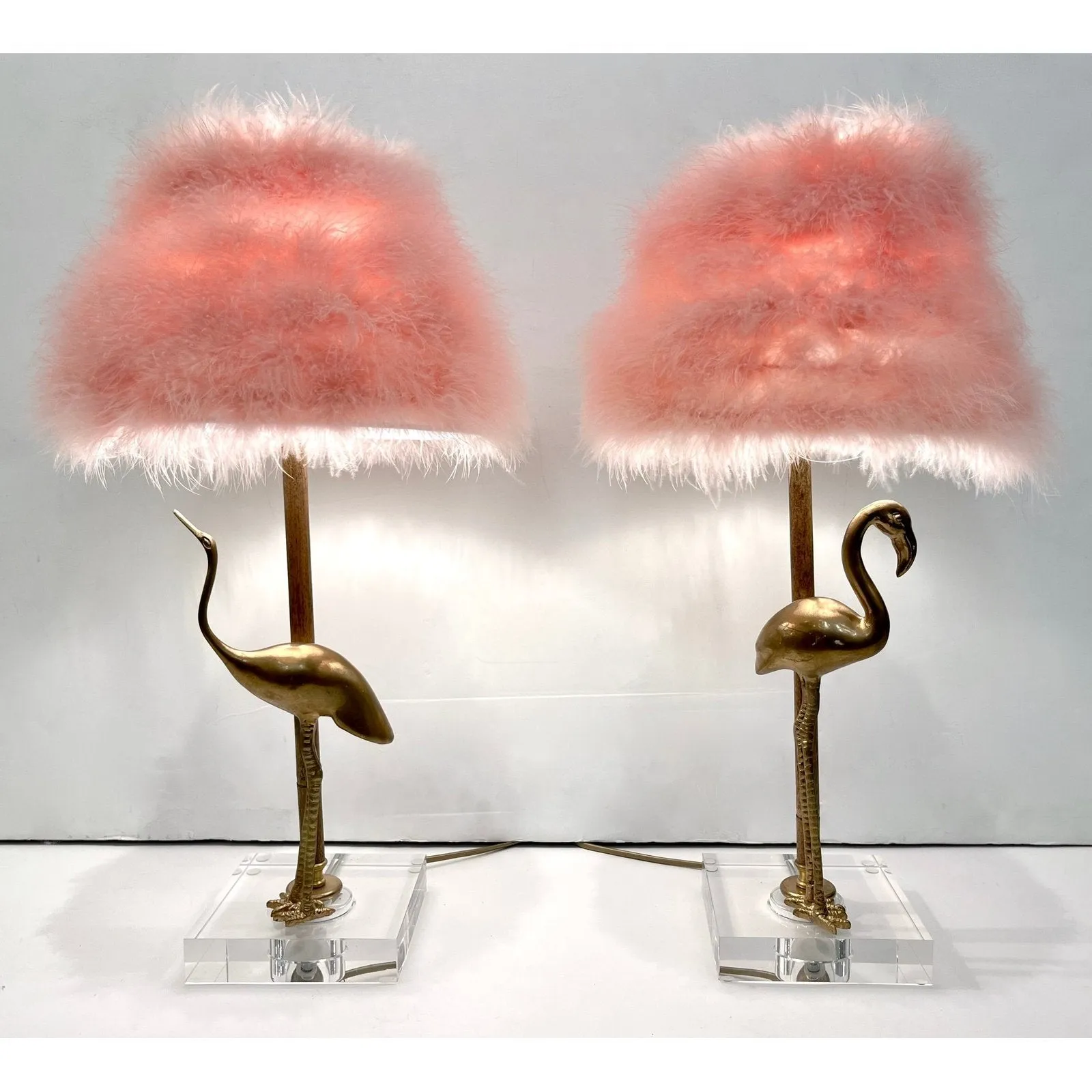 1970 Italian Vintage Pair of Brass Lucite Bamboo Table Lamps & Pink Fur Shades