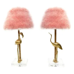 1970 Italian Vintage Pair of Brass Lucite Bamboo Table Lamps & Pink Fur Shades 