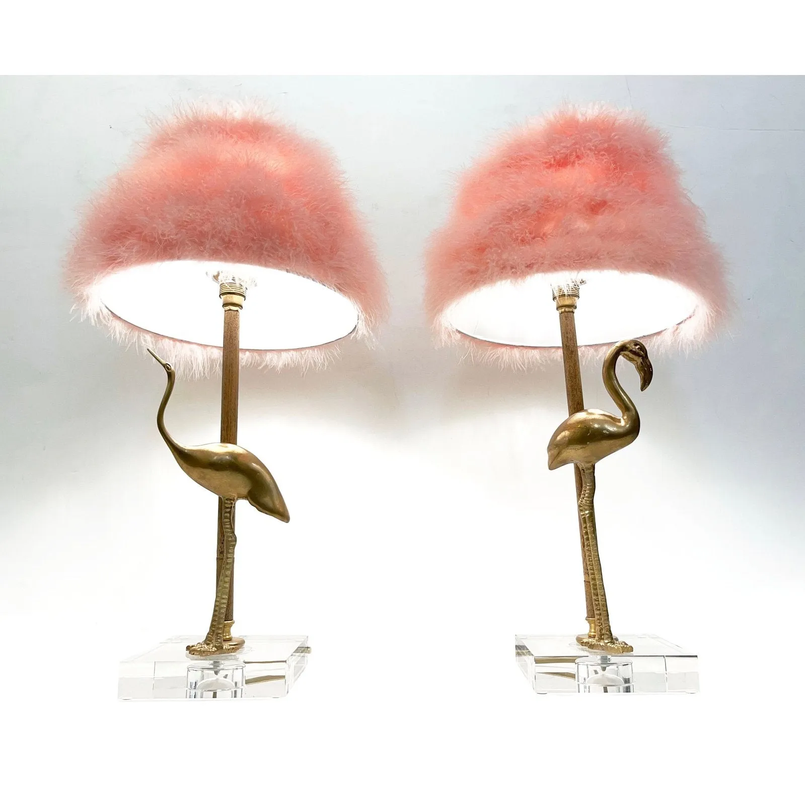 1970 Italian Vintage Pair of Brass Lucite Bamboo Table Lamps & Pink Fur Shades