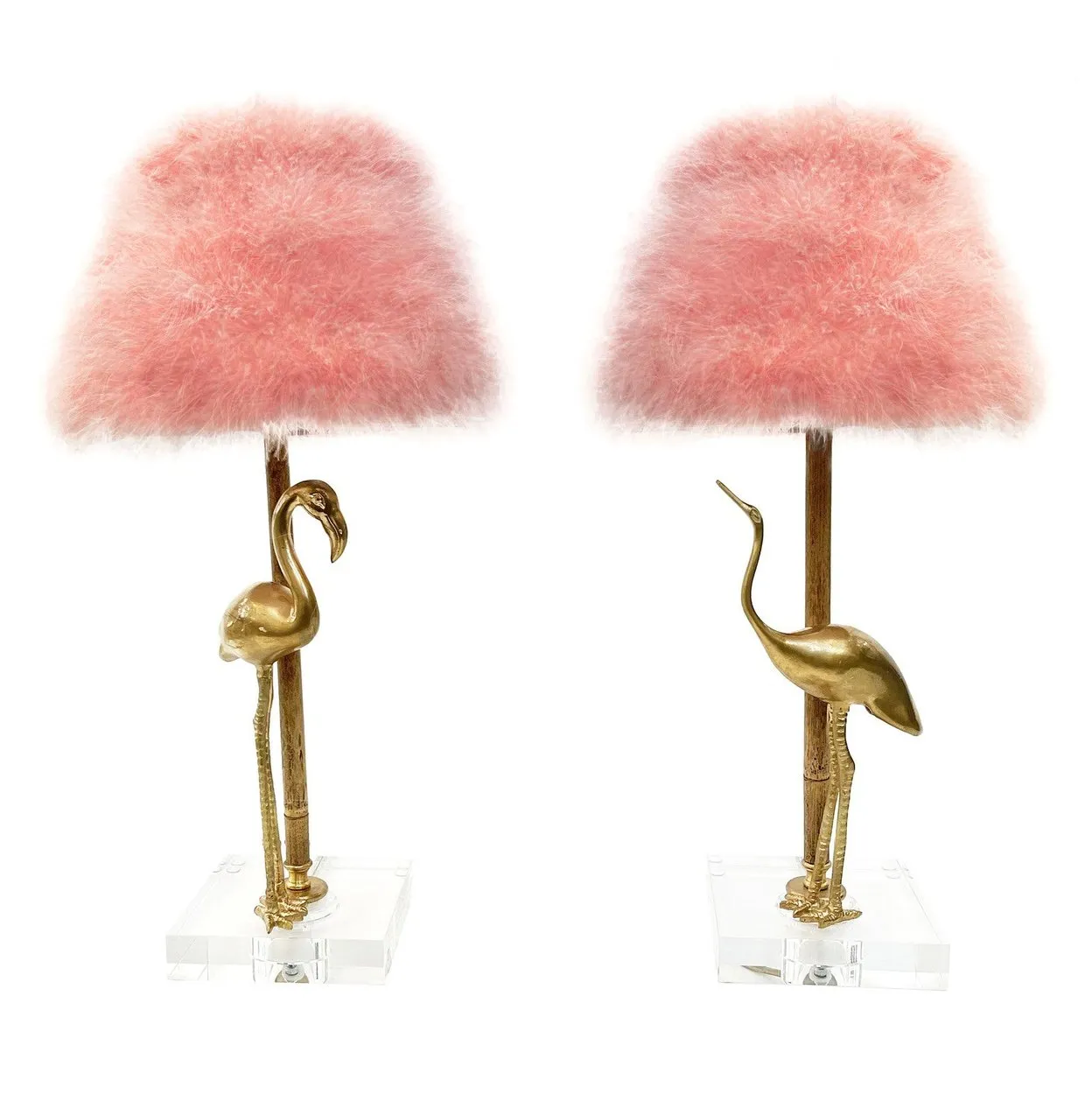 1970 Italian Vintage Pair of Brass Lucite Bamboo Table Lamps & Pink Fur Shades 