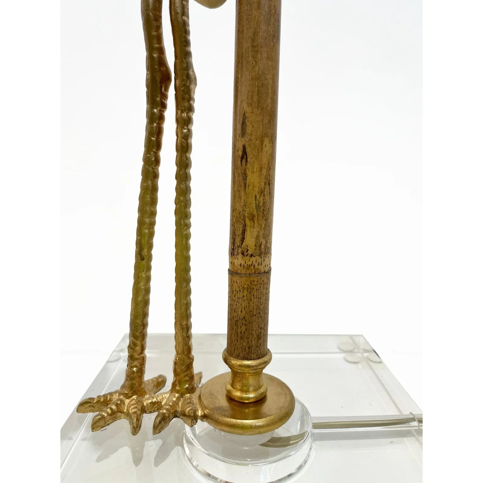 1970 Italian Vintage Pair of Brass Lucite Bamboo Table Lamps & Pink Fur Shades