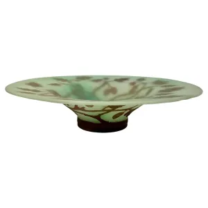 1970s Austrian Vintage Art Nouveau Decor Apple Green Brown Overlay Glass Bowl 
