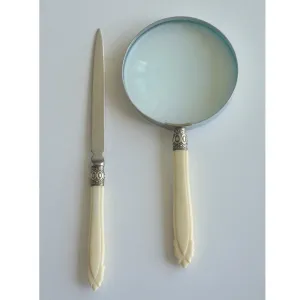 1970s English Magnifying Glass and Letter Opener Desk Set with Bone Handles 