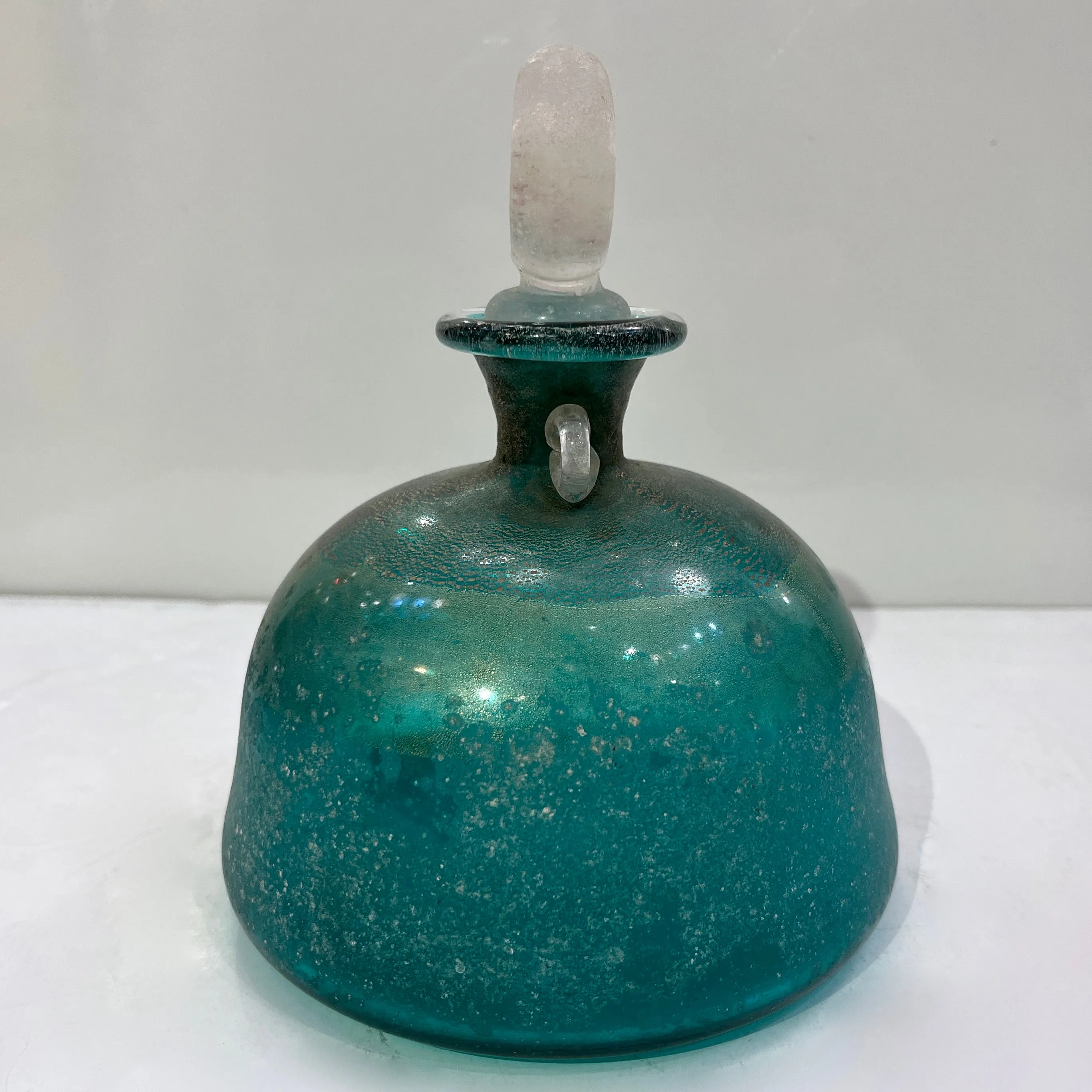 1970s Italian Signed Scavo Murano Glass Green Bottles with Handles and Stoppers