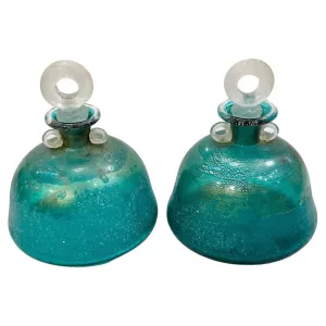 1970s Italian Signed Scavo Murano Glass Green Bottles with Handles and Stoppers 
