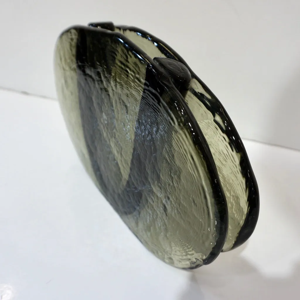 1970s Vintage Abstract Italian Smoked Green & Black Murano Glass Oval Flower Vase