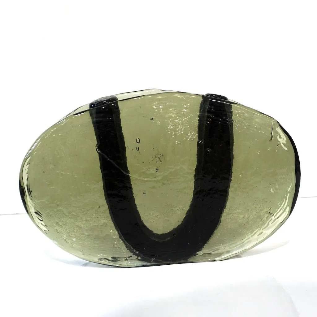 1970s Vintage Abstract Italian Smoked Green & Black Murano Glass Oval Flower Vase