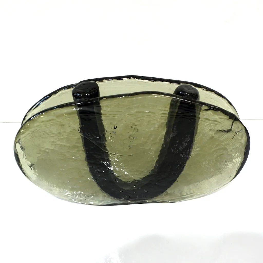 1970s Vintage Abstract Italian Smoked Green & Black Murano Glass Oval Flower Vase