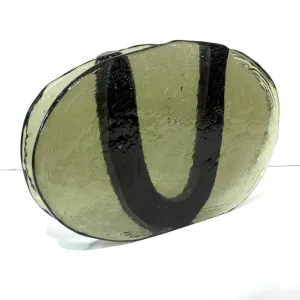 1970s Vintage Abstract Italian Smoked Green & Black Murano Glass Oval Flower Vase 