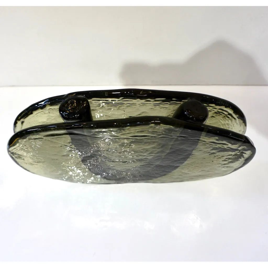1970s Vintage Abstract Italian Smoked Green & Black Murano Glass Oval Flower Vase