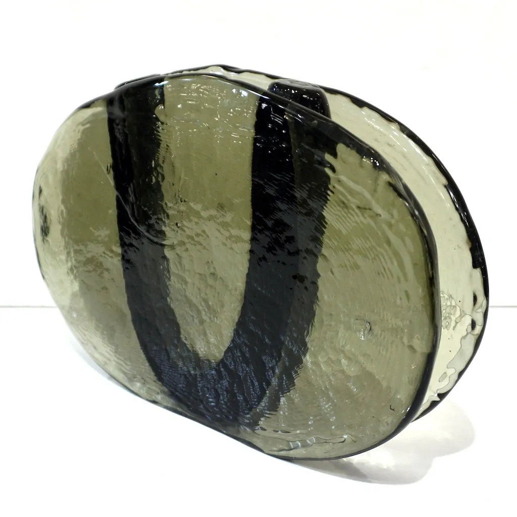 1970s Vintage Abstract Italian Smoked Green & Black Murano Glass Oval Flower Vase