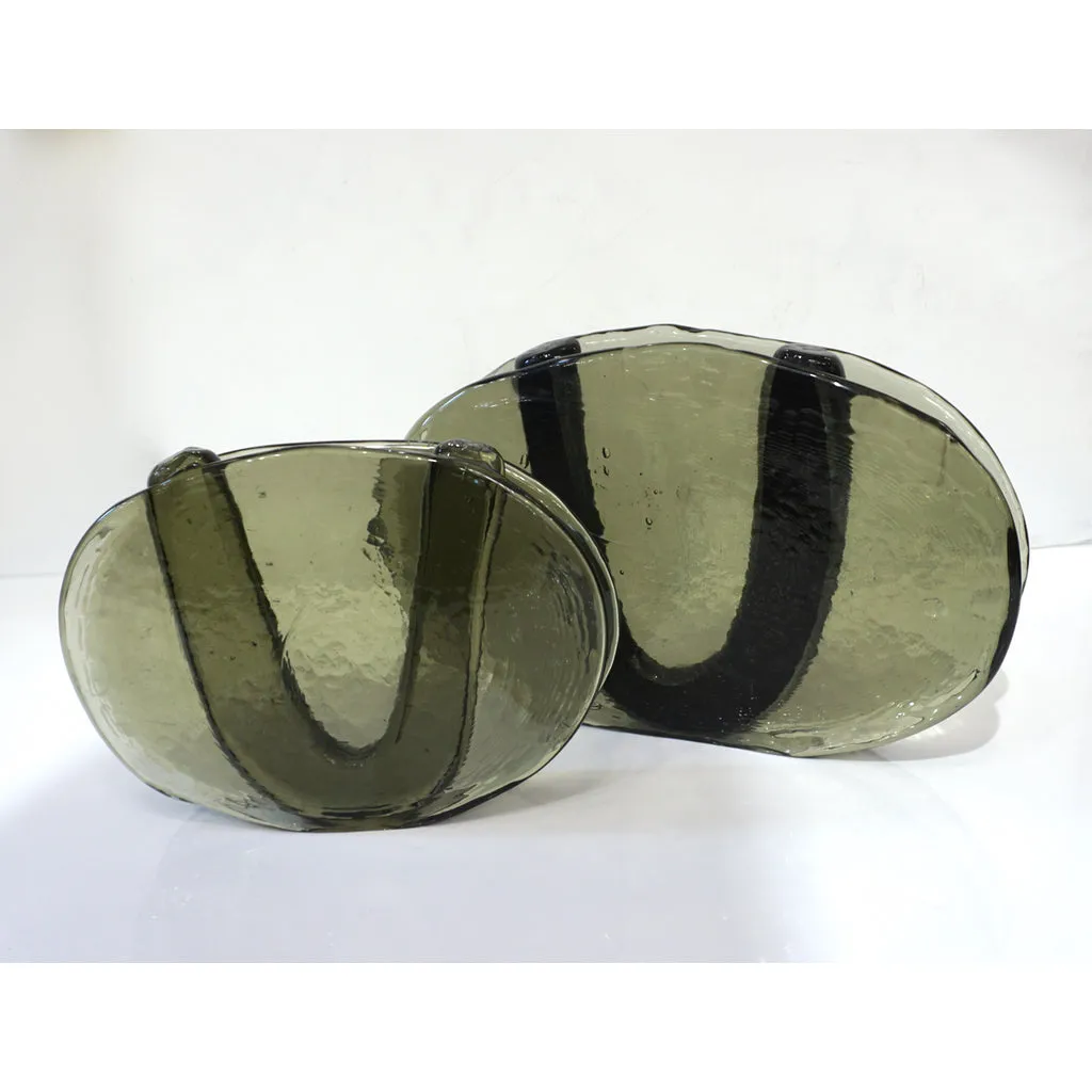 1970s Vintage Abstract Italian Smoked Green Murano Glass Oval Flower Vase