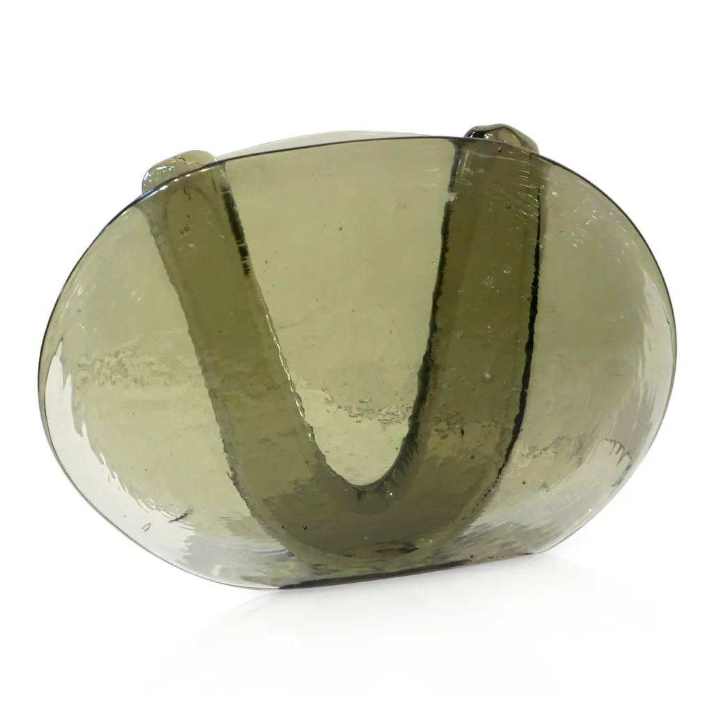 1970s Vintage Abstract Italian Smoked Green Murano Glass Oval Flower Vase 