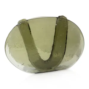1970s Vintage Abstract Italian Smoked Green Murano Glass Oval Flower Vase 