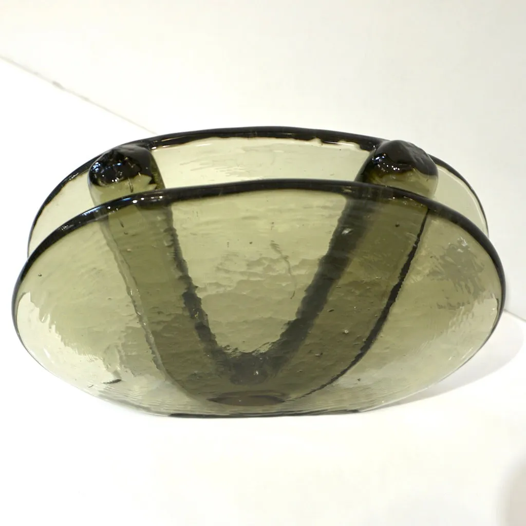 1970s Vintage Abstract Italian Smoked Green Murano Glass Oval Flower Vase