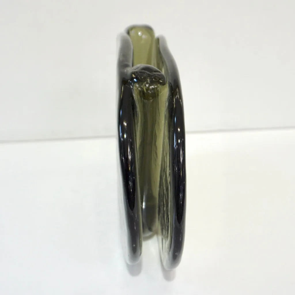 1970s Vintage Abstract Italian Smoked Green Murano Glass Oval Flower Vase