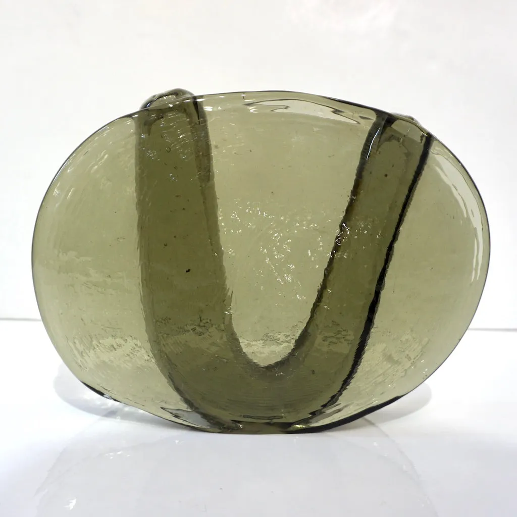 1970s Vintage Abstract Italian Smoked Green Murano Glass Oval Flower Vase