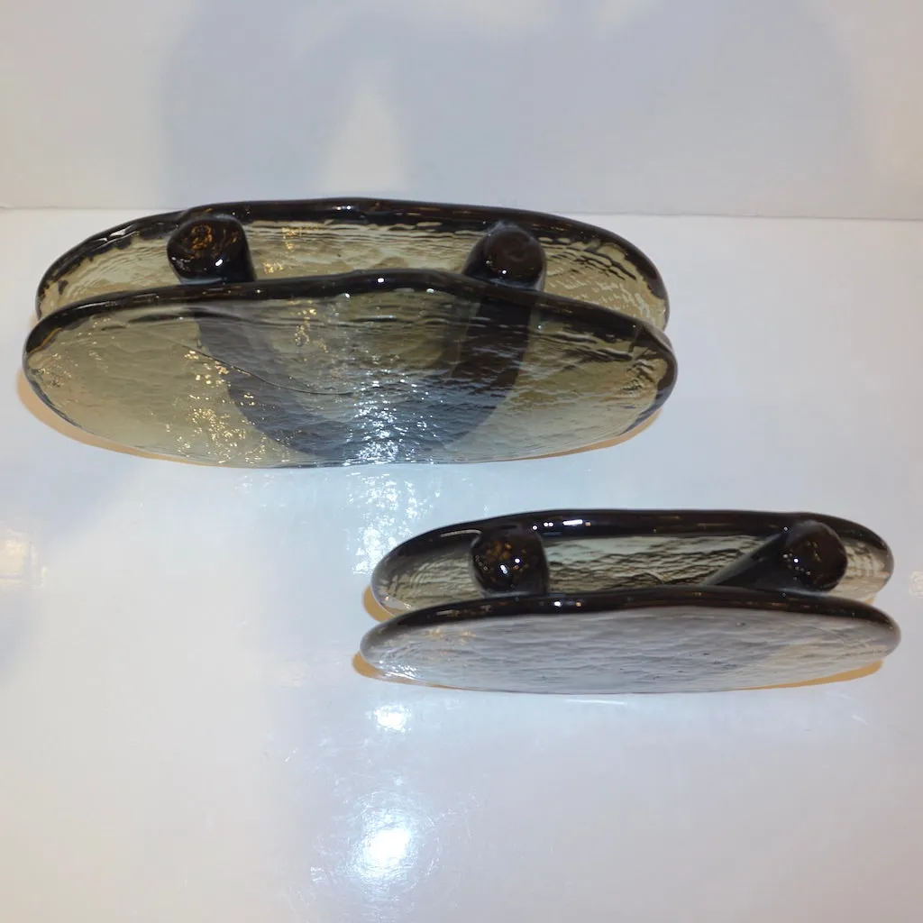 1970s Vintage Abstract Italian Smoked Green Murano Glass Oval Flower Vase