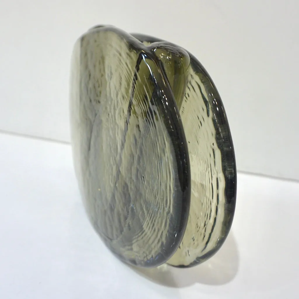 1970s Vintage Abstract Italian Smoked Green Murano Glass Oval Flower Vase