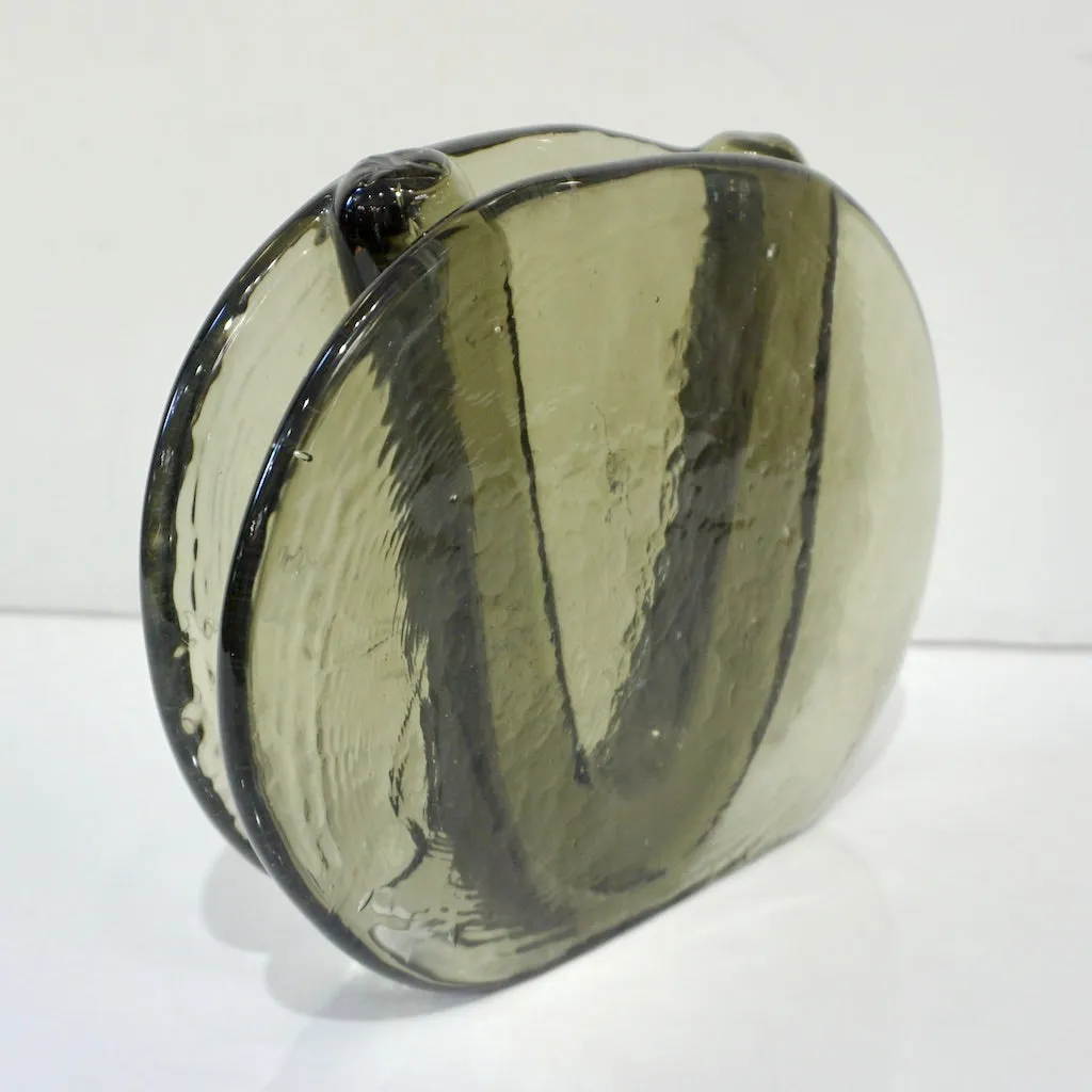 1970s Vintage Abstract Italian Smoked Green Murano Glass Oval Flower Vase