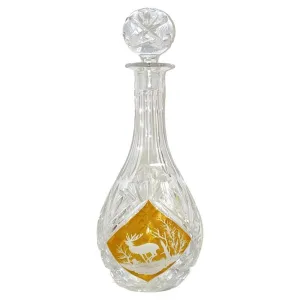 1970s Vintage Austrian Animal Engraved Overlaid Gold Amber Glass Liqueur Bottle 