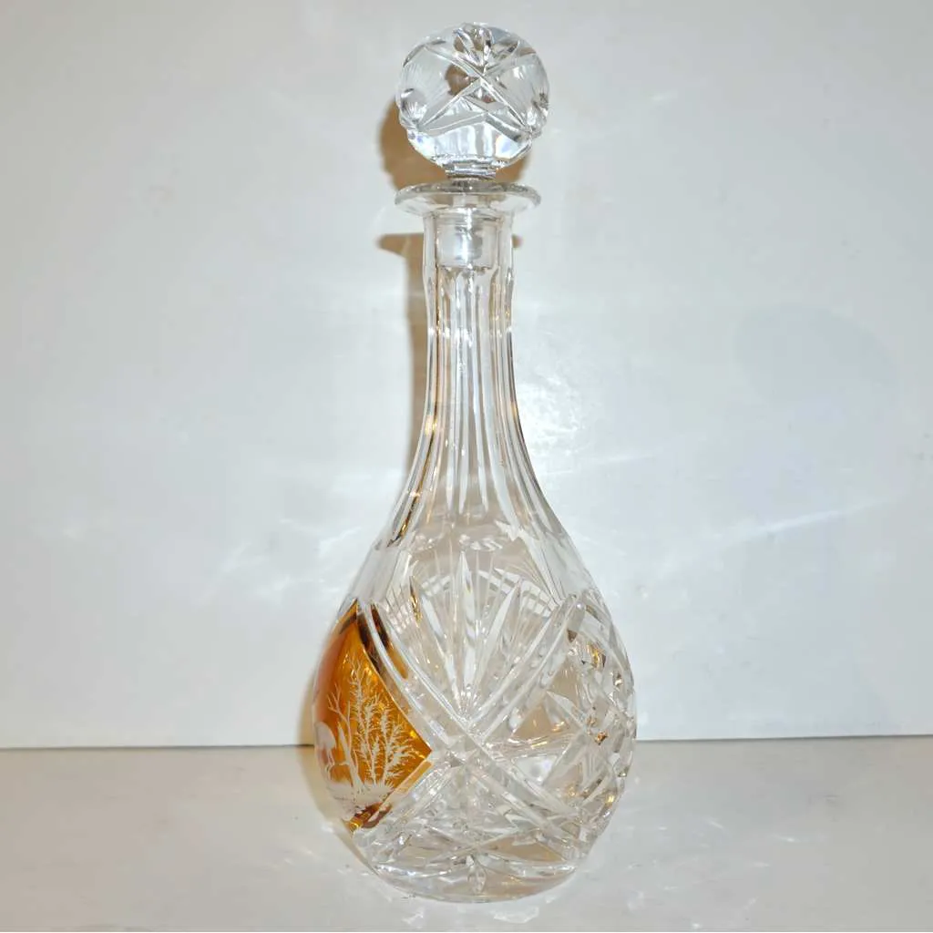 1970s Vintage Austrian Animal Engraved Overlaid Gold Amber Glass Liqueur Bottle