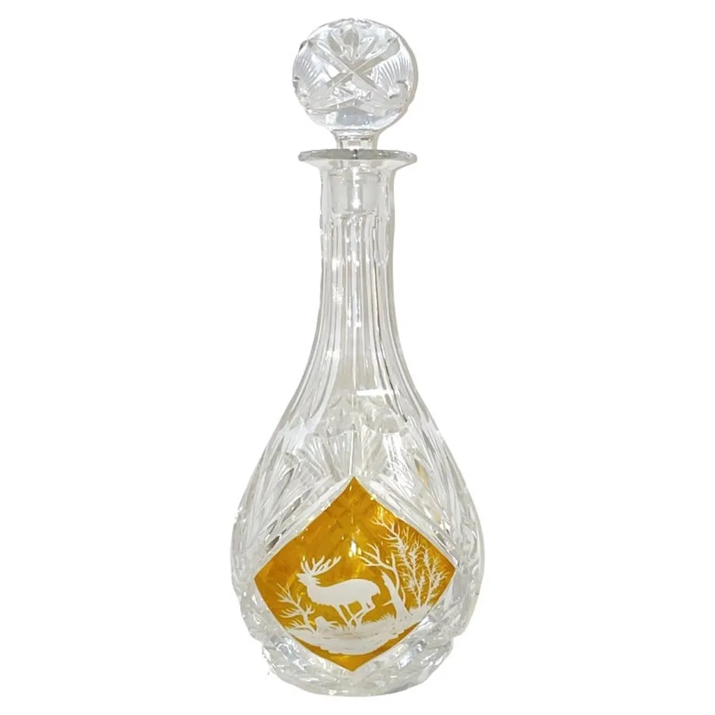 1970s Vintage Austrian Animal Engraved Overlaid Gold Amber Glass Liqueur Bottle 