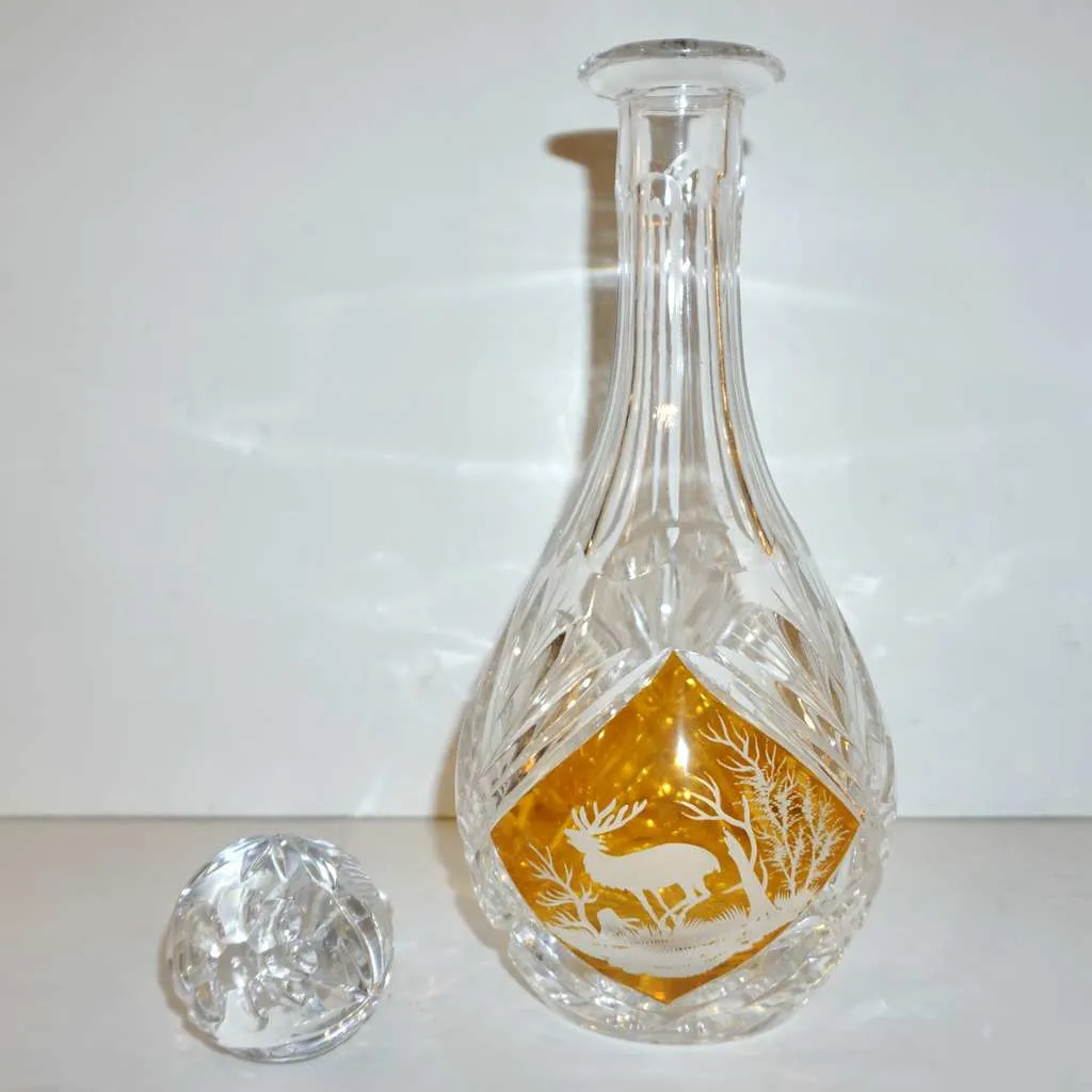 1970s Vintage Austrian Animal Engraved Overlaid Gold Amber Glass Liqueur Bottle