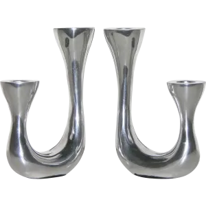 1970s Vintage Italian Pair of Polished Cast Aluminum Modern Candlesticks 