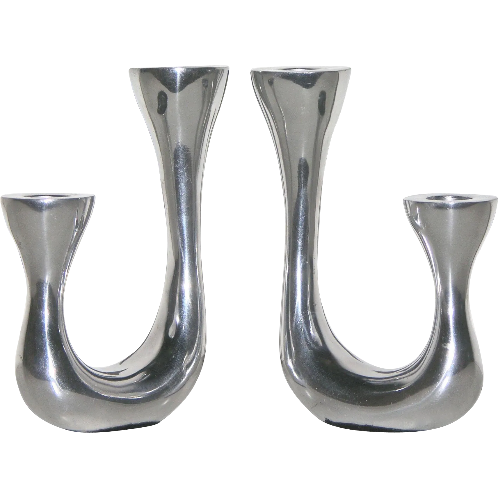 1970s Vintage Italian Pair of Polished Cast Aluminum Modern Candlesticks 