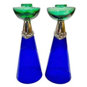 1980 Domar Israel Art Nouveau Style Green Cobalt Blue Glass Silver Candleholders 