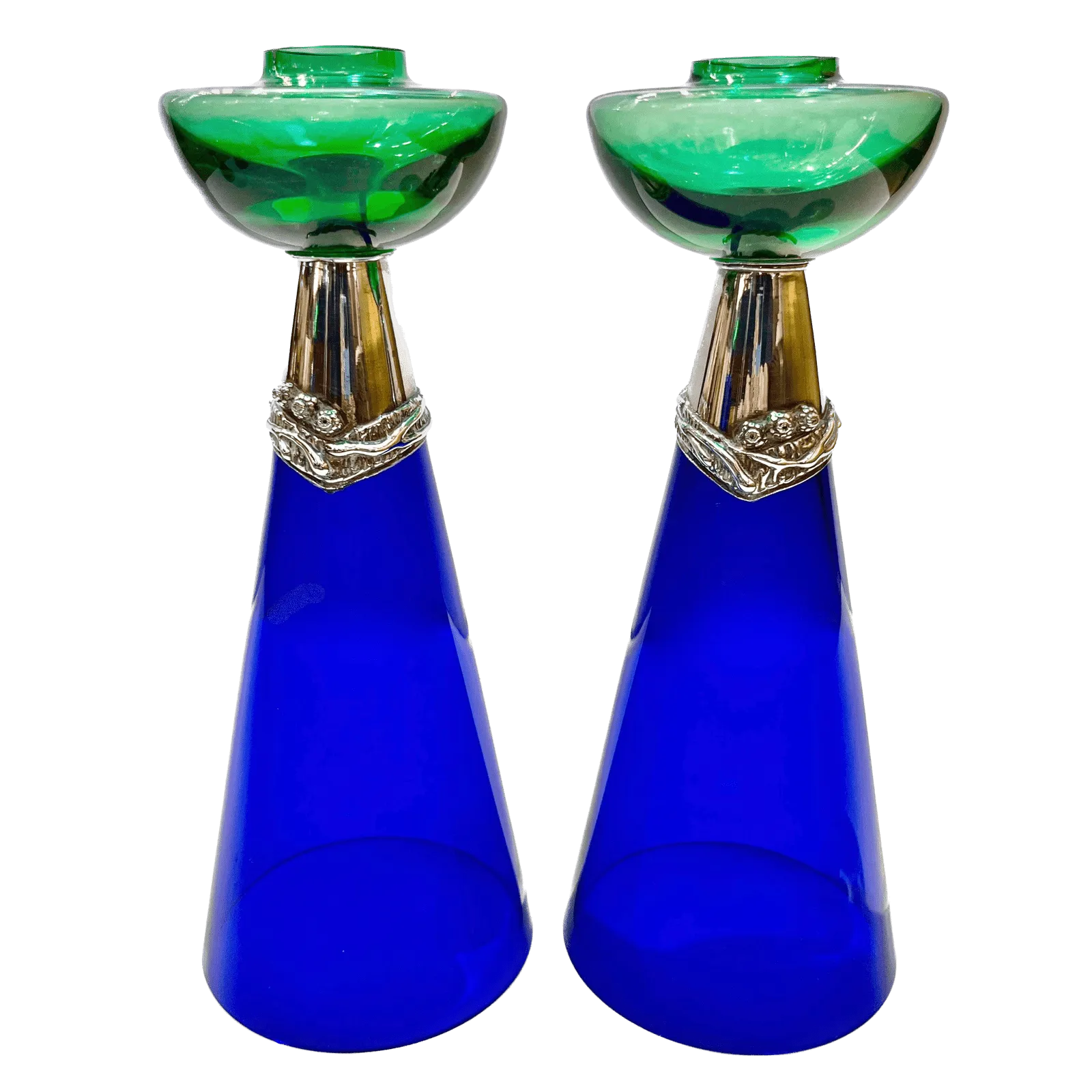 1980 Domar Israel Art Nouveau Style Green Cobalt Blue Glass Silver Candleholders 