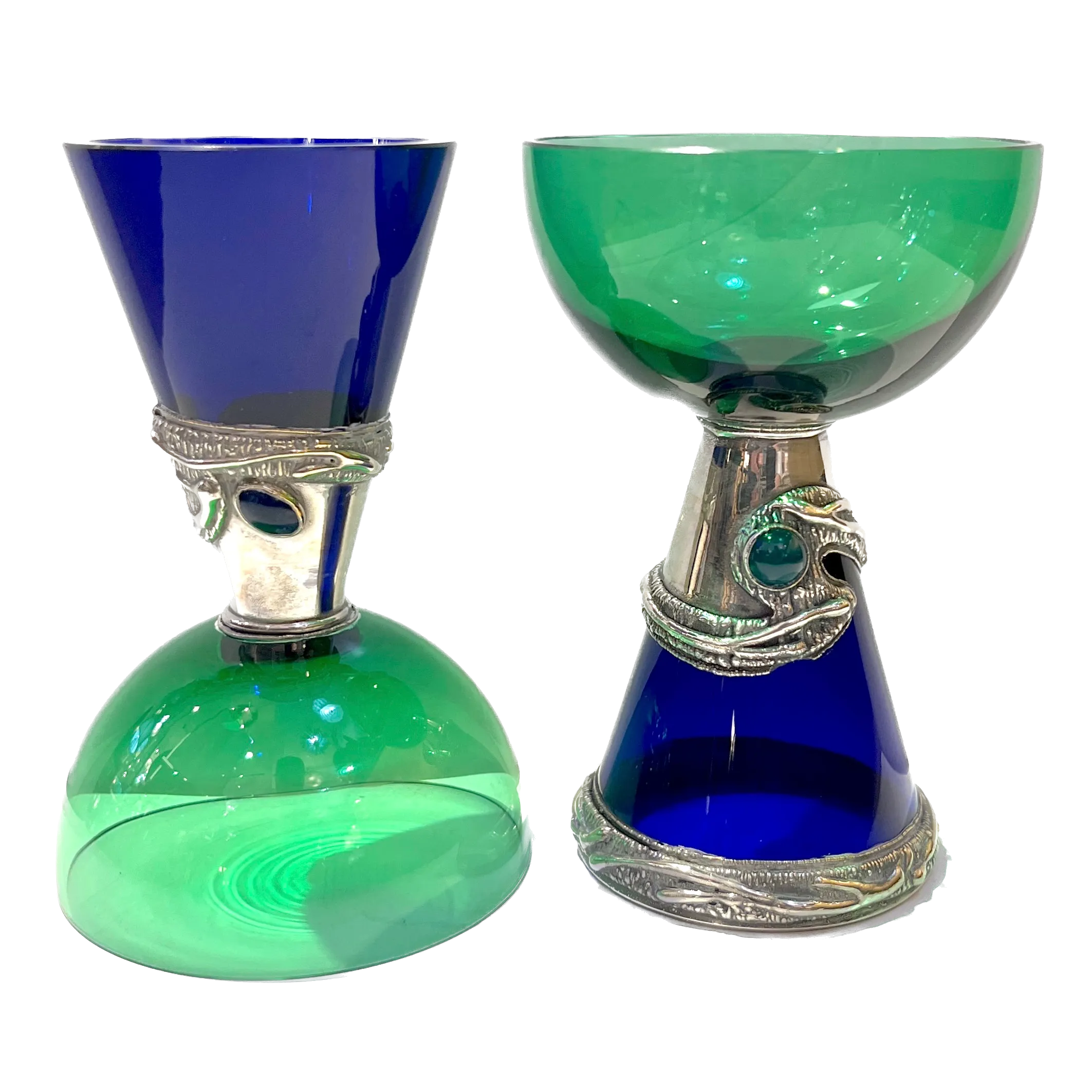 1980 Domar Israel Art Nouveau Style Green Cobalt Blue Glass Silver Vase Glasses 