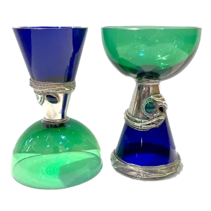 1980 Domar Israel Art Nouveau Style Green Cobalt Blue Glass Silver Vase Glasses 